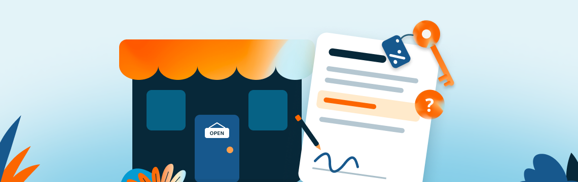 Illustration of a storefront, purchase agreement, and key on a light blue background.