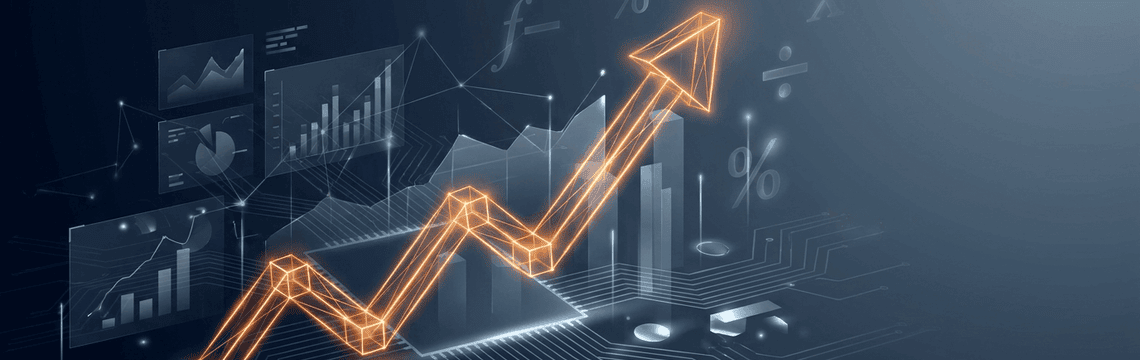 Abstract technological network showcasing an ascending 3D glowing orange graph line, charts, and data nodes against a dark navy background representing business growth and tax automation ROI.