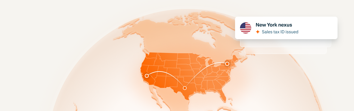 Orange globe showing connected U.S. states and a New York nexus sales tax notification.