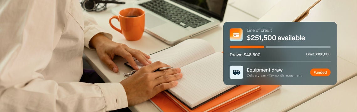 Person working at a desk with a laptop, notebook, and orange mug beside a line-of-credit and equipment-draw graphic.