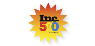 Inc. 500 Honoree badge with a gradient orange and yellow starburst design.