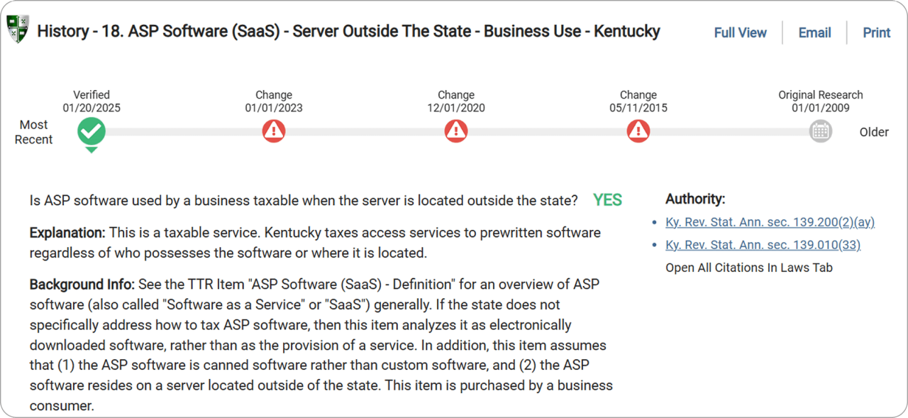 Taxability guidance for ASP software (SaaS) in Kentucky, indicating it is taxable when the server is located outside the state, with a timeline of updates and legal citations provided.