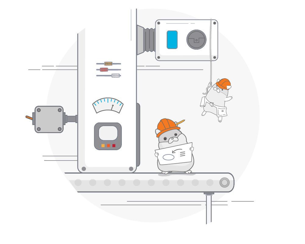 Illustration of two cartoon characters wearing orange construction helmets working on a conveyor belt with machinery, symbolising automation or process optimisation.