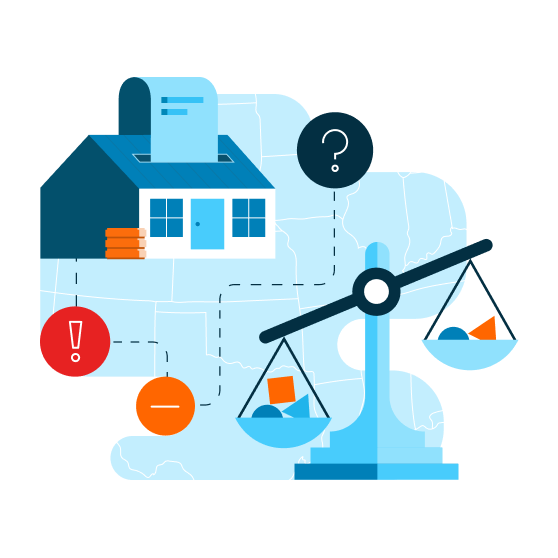 Illustration of a house, a scale, and tax-related icons over a US map, symbolizing tax compliance and business solutions.