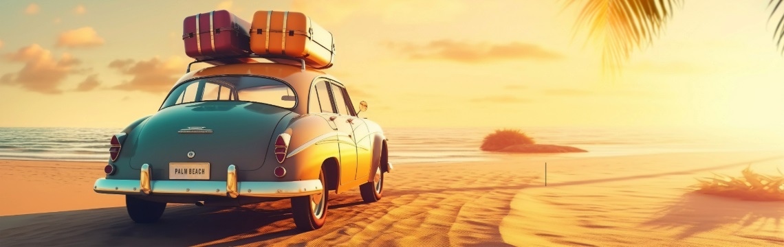 vintage car with a luggage rack parked on tropical beach 