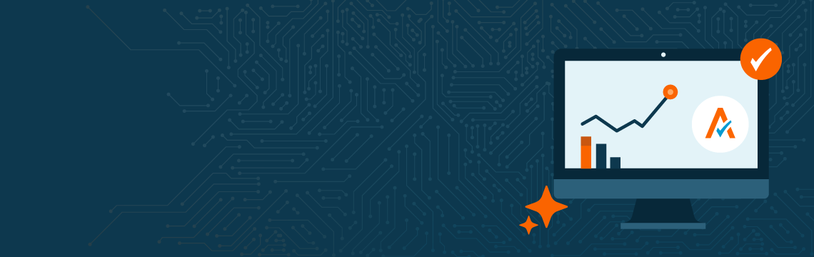 How the race to deploy AI agents is outrunning finance governance Desktop screen showing an upward growth chart with the Avalara logo and orange checkmark, on a navy circuit-board background.