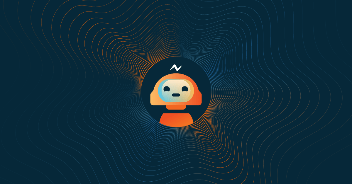 Orange robot icon on a dark wavy background with a small lightning bolt above it.