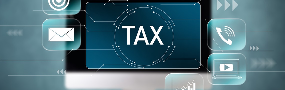 Digital interface showing the word TAX surrounded by icons for email, phone, and video services.