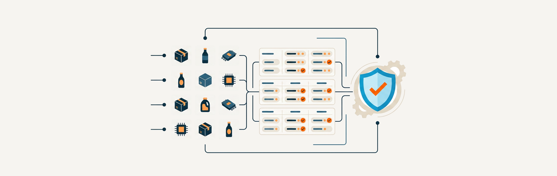 Illustration of product items flowing through an AI-powered classification system into a verified, audit-ready workflow, ending in a shield with a check mark.