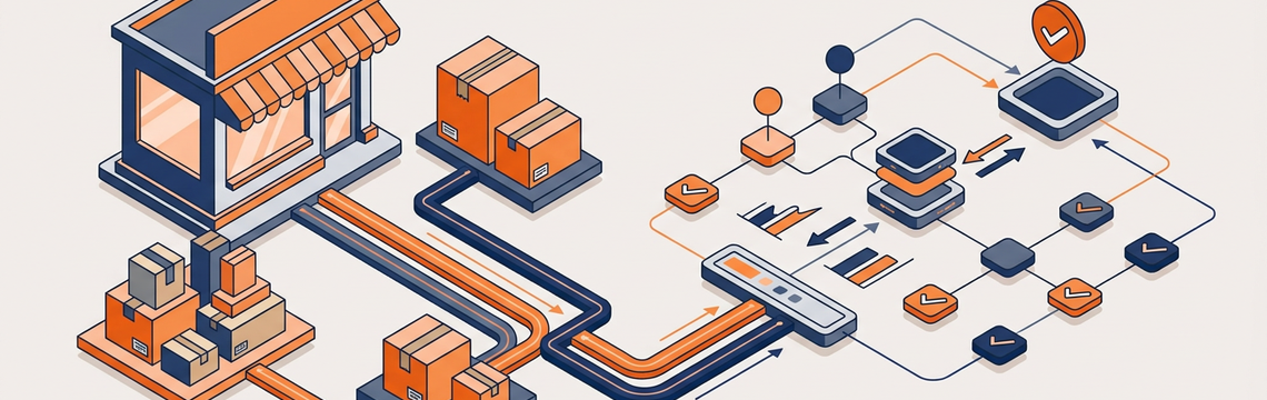 Isometric vector illustration of small business e-commerce growth connecting to automated tax compliance technology pipelines.