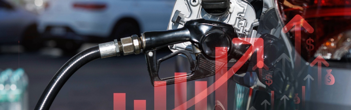 Person putting fuel in car and graphic indicating fluctuating fuel prices.