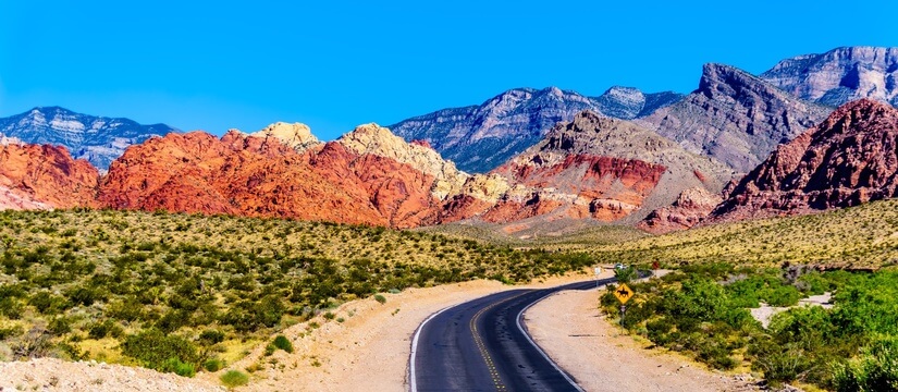 View of the Red Sandstone Mountains from the winding Calico Canyon Road near Red Rock Canyon National Conservation Area in Clark County, Nevada