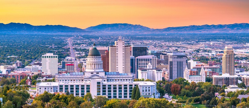 Sunset behind the Utah State Capitol and downtown Salt Lake City