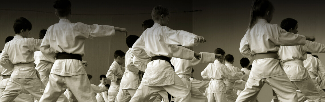 Martial arts class full of young students. 