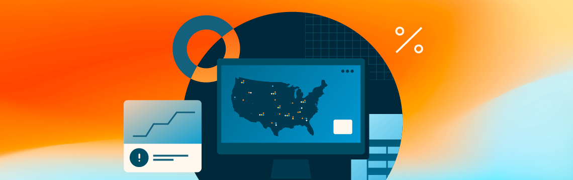 Computer screen showing a U.S. map with data points and a chart with an alert icon, representing tax insights or compliance monitoring.