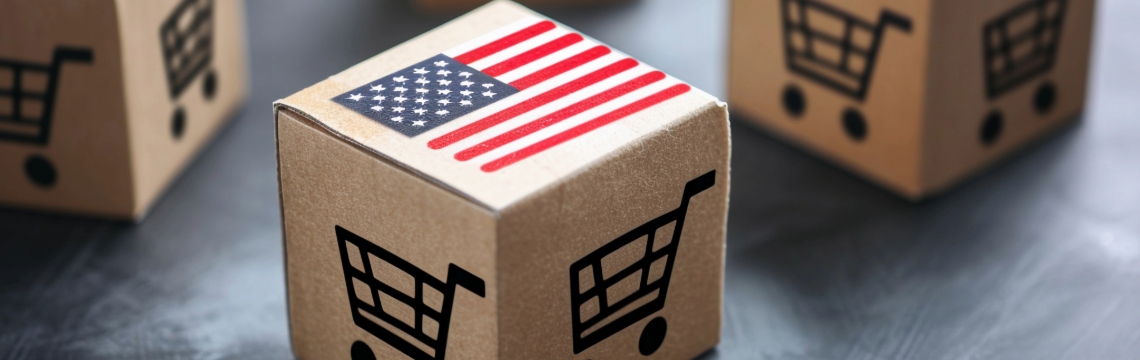 USA flag and shopping cart images on a box