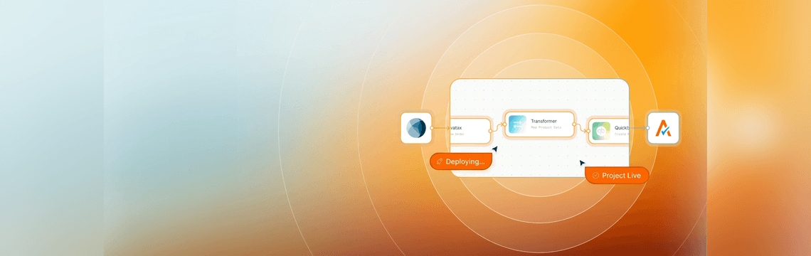 Versori training program for partners: A faster path to custom Avalara integrations Abstract enterprise technology illustration of connected systems flowing through an AI-native integration network with a Versori sphere.