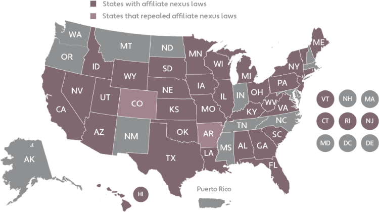 Map of United States showing states with Affiliate Nexus Laws in place