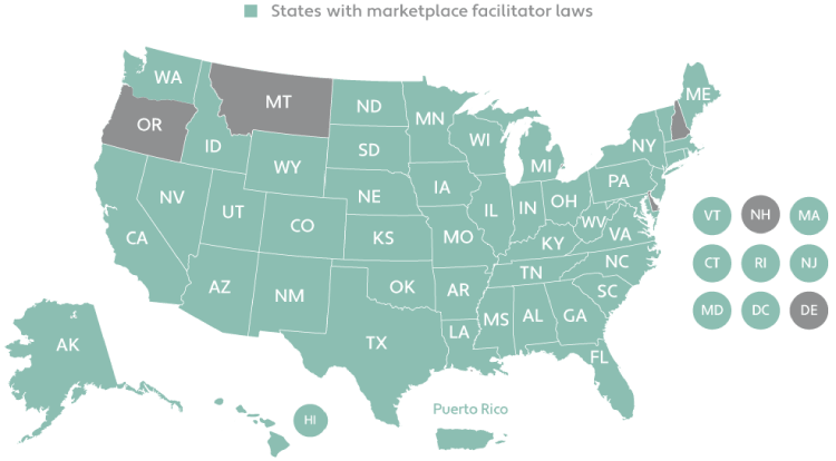 Map of the United States highlighting states with marketplaces laws