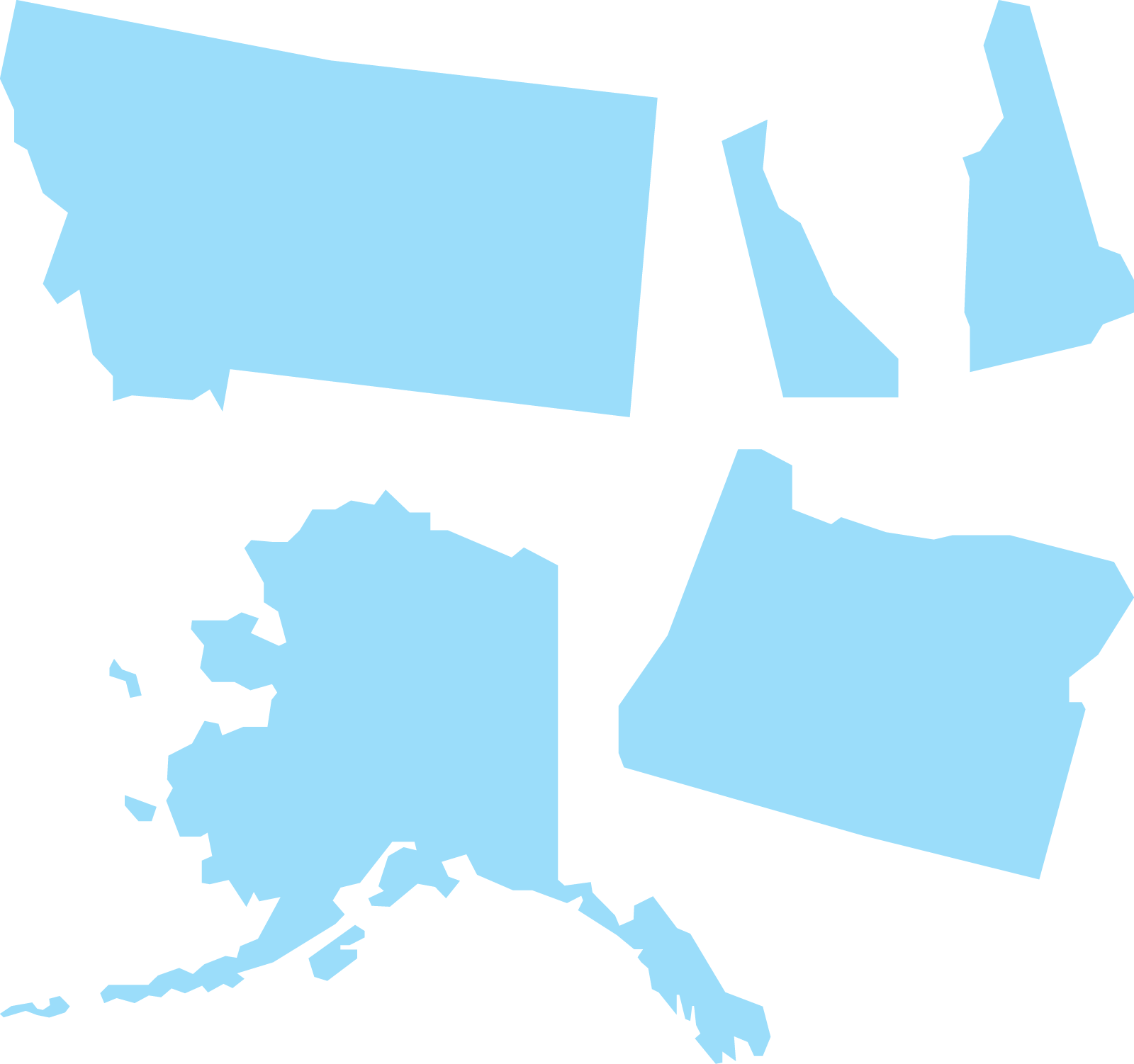 Outlines of New Hampshire, Oregon, Montana, Alaska, and Delaware in light blue.
