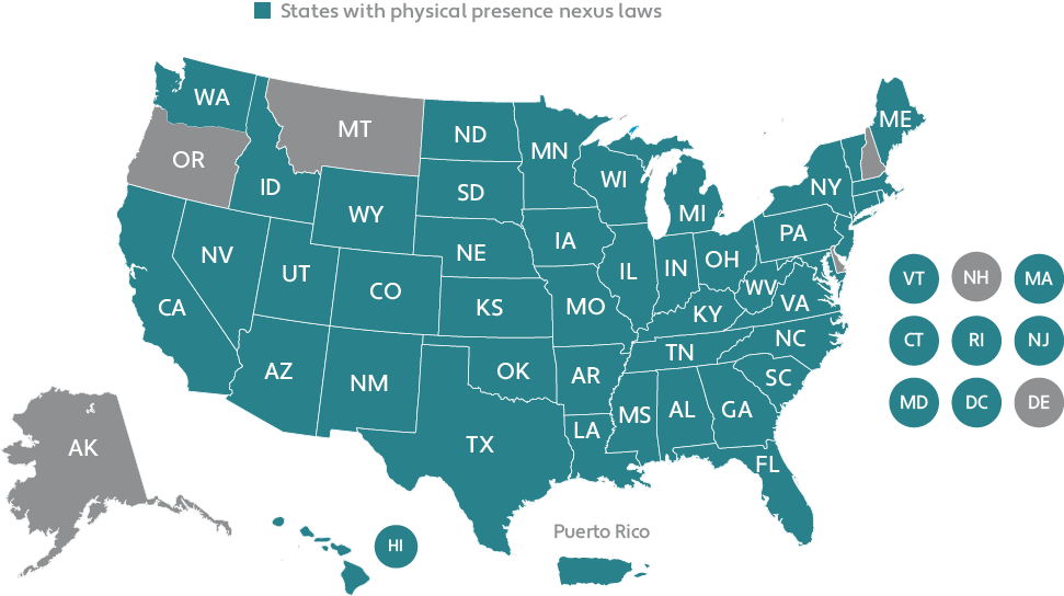 Map of US Physical Presence Nexus Laws