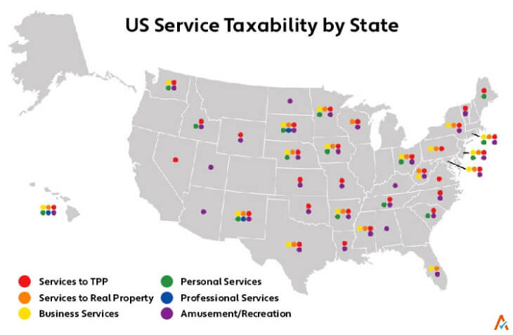 Map of the United States showing Service Taxabiltity by state