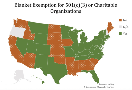 Map of united states showing the blanket exemptions for charitable organizations
