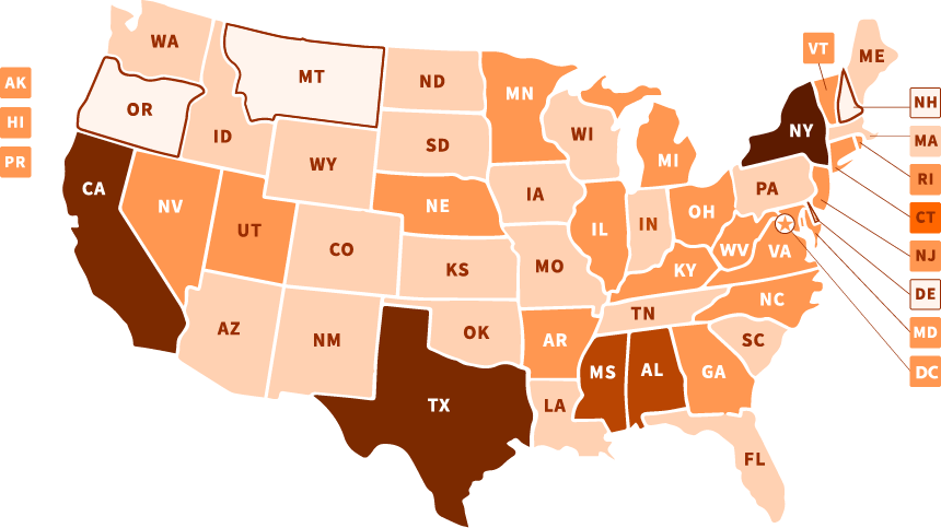 Map of United States showing what states include in their economic nexus thresholds