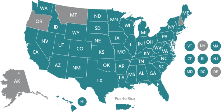 Map of US showing states with physical presence nexus law enacted