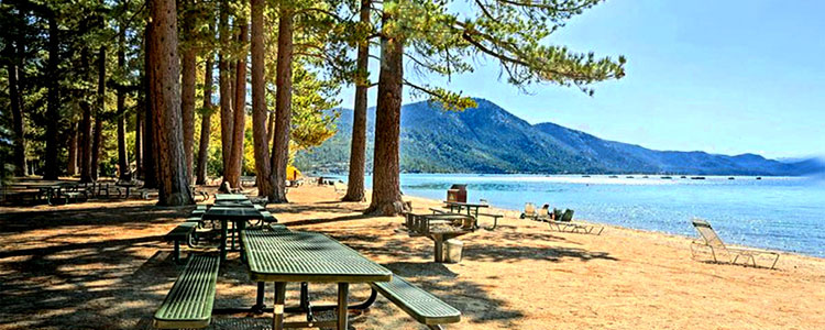 South Lake Tahoe, Douglas County, Nevada, lakeshore picnic table 