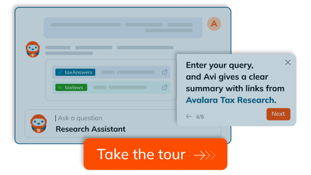 Abbildung des Research-Assistant-Tools von Avalara mit einer Abfrageschnittstelle mit Antworten auf Steuerfragen und der Aufforderung „Tour machen“. “