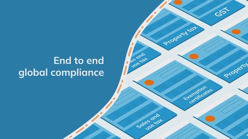 Illustration representing end to end global compliance, featuring labeled documents such as GST, property tax, sales and use tax, and exemption certificates.