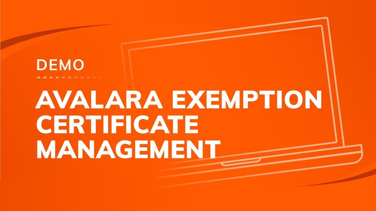An orange-themed promotional image for the Avalara Exemption Certificate Management demo, featuring bold white text and a faint outline of a laptop in the background.