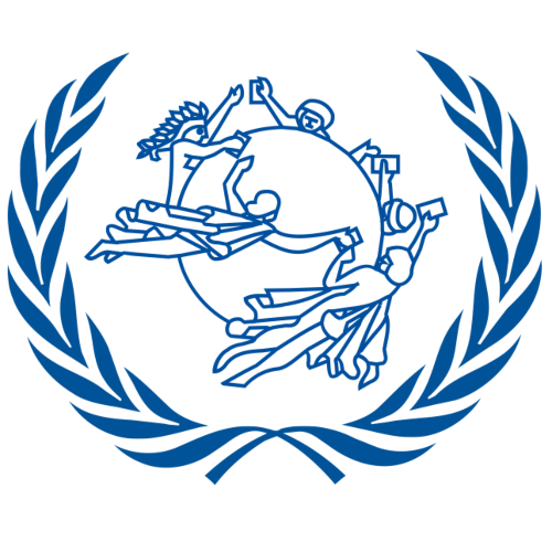 Blaues Emblem mit einem Globus, der von stilisierten Figuren umgeben und von Olivenzweigen umgeben ist.