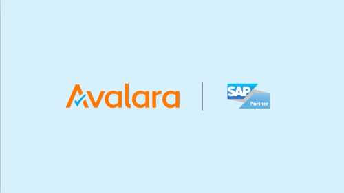 Avalara-Logo neben dem SAP-Partner-Logo auf hellblauem Hintergrund.