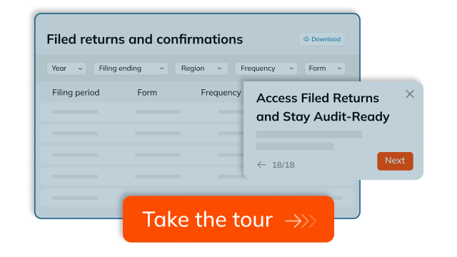 „Dashboard mit eingereichten Steuererklärungen und Bestätigungen mit der Aufforderung „An der Tour teilnehmen“ und einem Tooltip mit der Aufschrift „Auf eingereichte Steuererklärungen zugreifen und auditbereit bleiben“. “