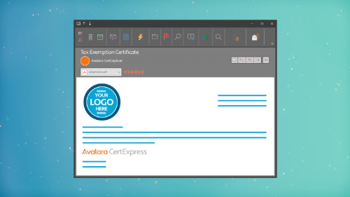 Screenshot of the Avalara CertExpress interface displaying a sample Tax Exemption Certificate template with a placeholder logo and sample certificate fields.
