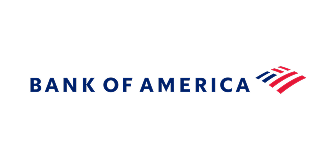 Logotipo de Bank of America con texto azul y un diseño similar a una bandera roja y azul.