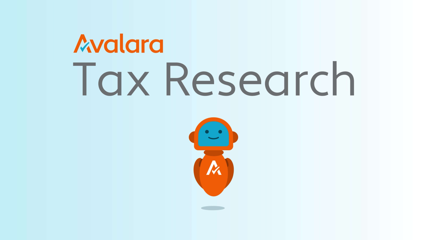 Illustration featuring the Avalara logo, text 'Tax Research', and a smiling orange and blue robot with the Avalara 'A' on its body.