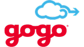 Logotipo de Gogo con un texto rojo y una nube azul con una flecha.