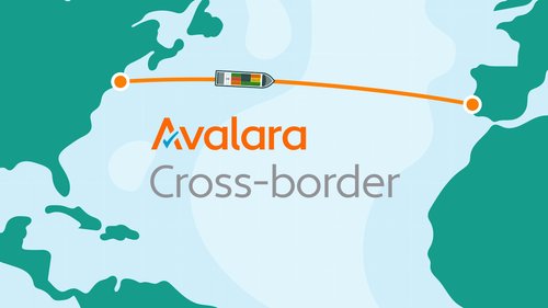 Map illustration with "Avalara Cross-border" text, showing a shipping route across the Atlantic Ocean.
