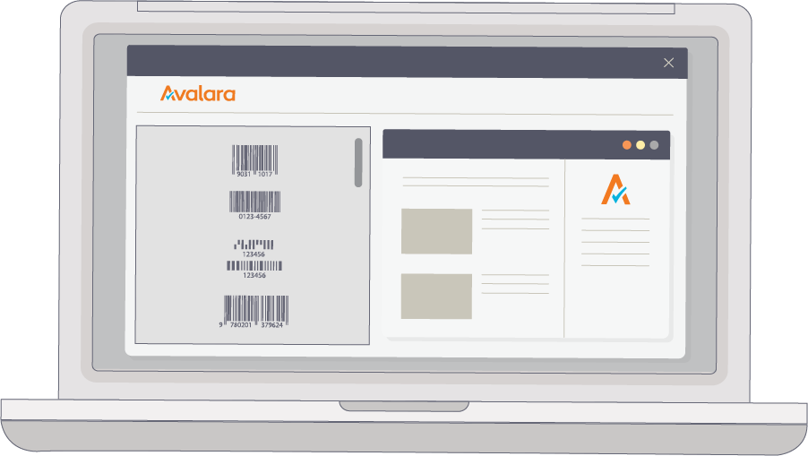 Ilustración de la pantalla de un portátil que muestra la interfaz del software de gestión de impuestos de Avalara con códigos de barras y diseño de documentos.