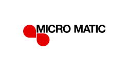 Logotipo de Micro Matic con texto negro y elementos de diseño circulares rojos.