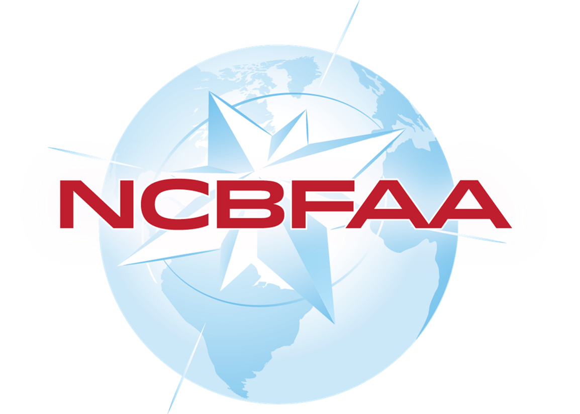 Logotipo de la NCBFAA con texto rojo sobre un globo terráqueo azul con un diseño de estrella blanca.