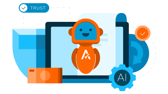 Ilustración de un robot dotado de IA con la marca de Avalara, rodeado de iconos que representan la confianza, la automatización y la tecnología.