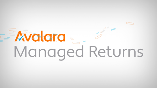 Avalara Managed Returns logo with abstract orange and blue design elements.