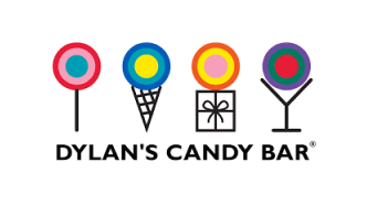 Logotipo de Dylan's Candy Bar con coloridos iconos con temática de caramelos que incluyen una piruleta, un cono de helado, una caja de regalo y una copa de martini.