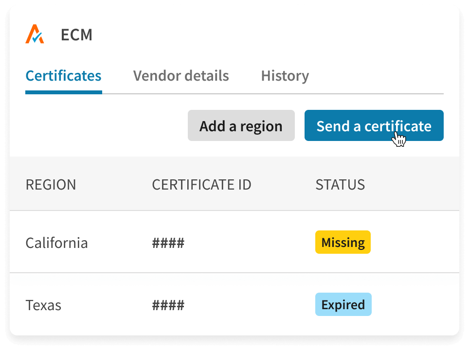 «Captura de pantalla de la interfaz de ECM de Avalara que muestra la gestión de certificados con las regiones de California y Texas, indicando los estados «Faltante» y «Caducado» respectivamente, y las opciones para agregar una región o enviar un certificado.»