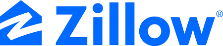 Logo de Zillow avec une icône de maison bleue et le mot 'Zillow' en texte bleu en gras.
