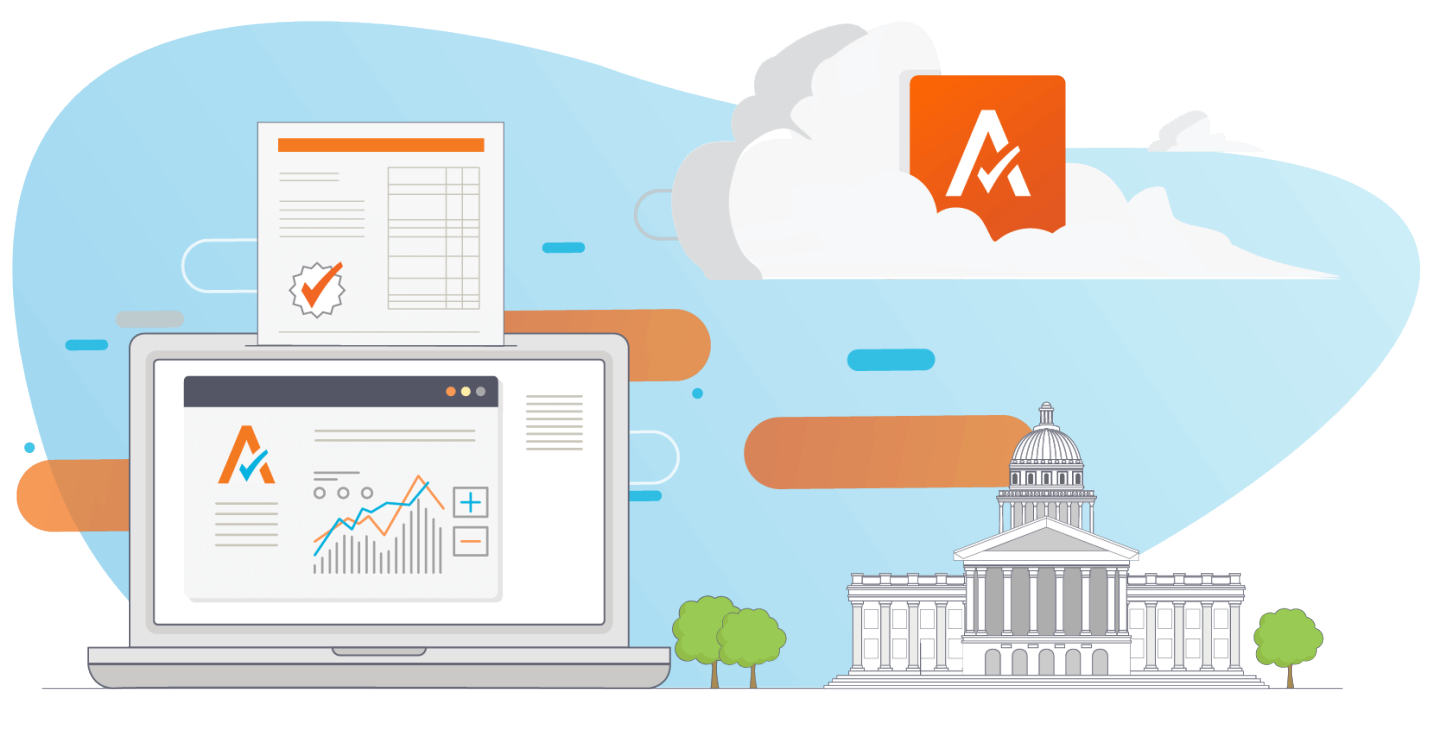Illustration d'un ordinateur portable affichant des analyses fiscales, un document, un bâtiment gouvernemental et un nuage avec le logo Avalara.